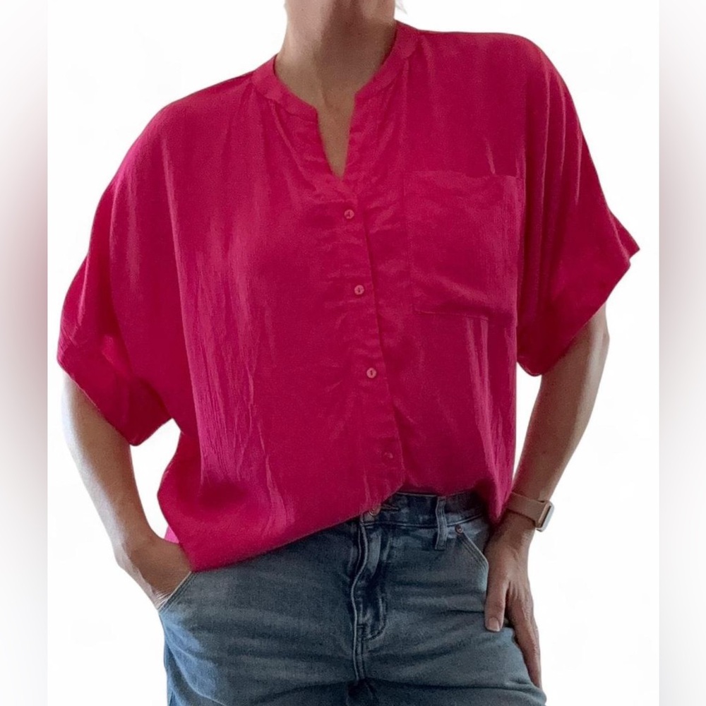 T Tahari Oversized Women’s Short-Sleeve Blouse in Hot Pink, Flowy, Loose Fit